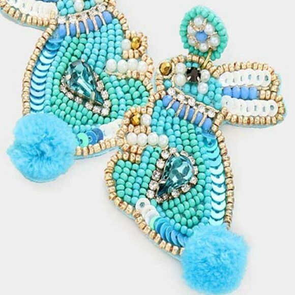 Bunny Pom Poms Seed Bead Turquoise Earrings by Treasure Jewelry - Picture 2 of 5